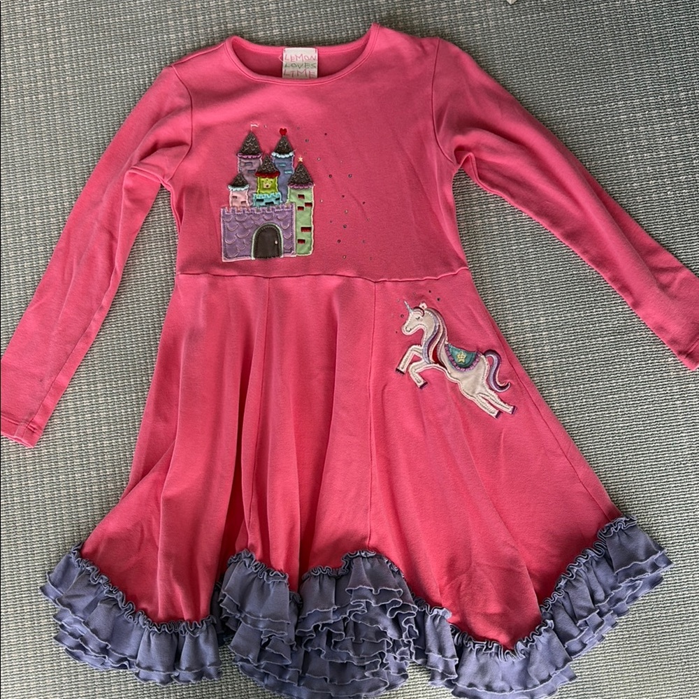 Lemon Loves Lime Pink Dress with Castle and Unicorn